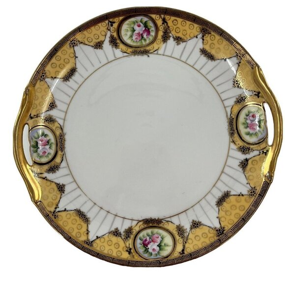 Noritake Morimura Gold & White Cake Plate Nippon Green Mark Hand Paint Roses - Picture 1 of 6